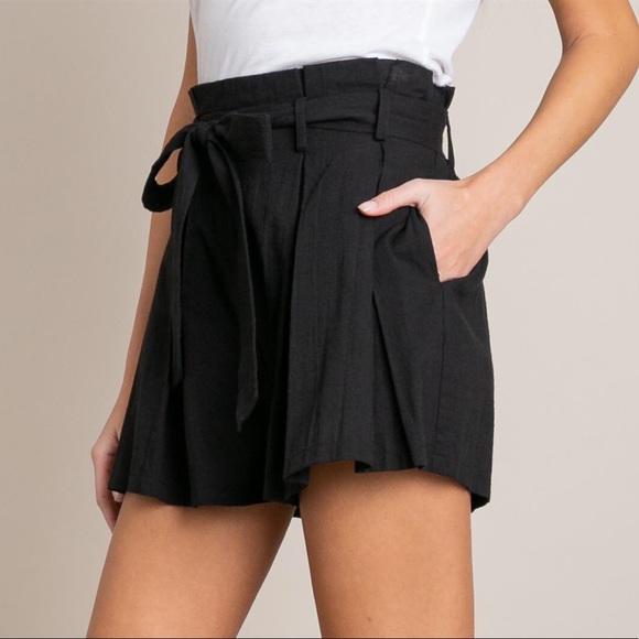 Small - Black High Waisted Paperbag Shorts with Waist Tie - Picture 5 of 7